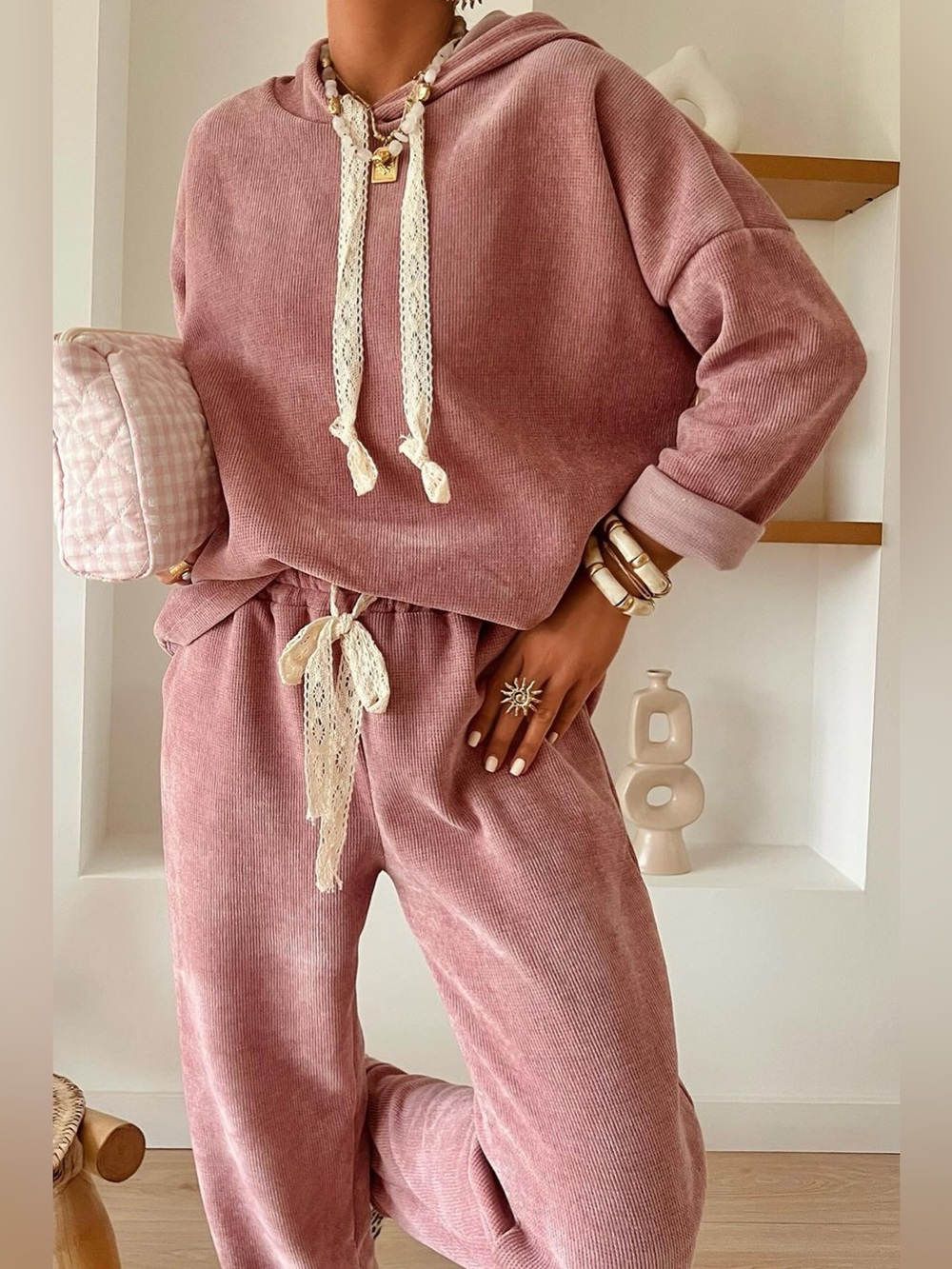 Lace Detail Dropped Shoulder Hoodie and Pants Set